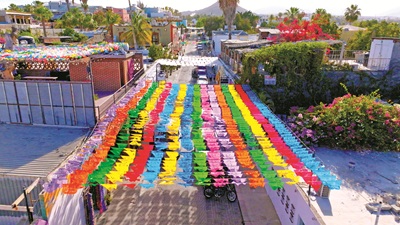 Traditional Mexican folk art crafts and colorful ceramics on display