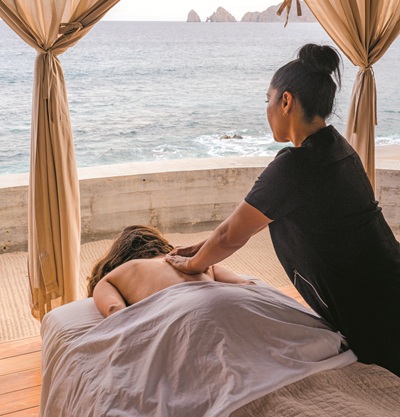 Traditional stone steam room and holistic spa amenities