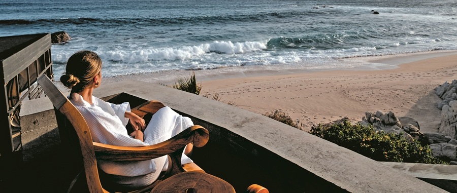 Serene relaxation courtyard at Tierra Mar Spa Four Seasons Cabo